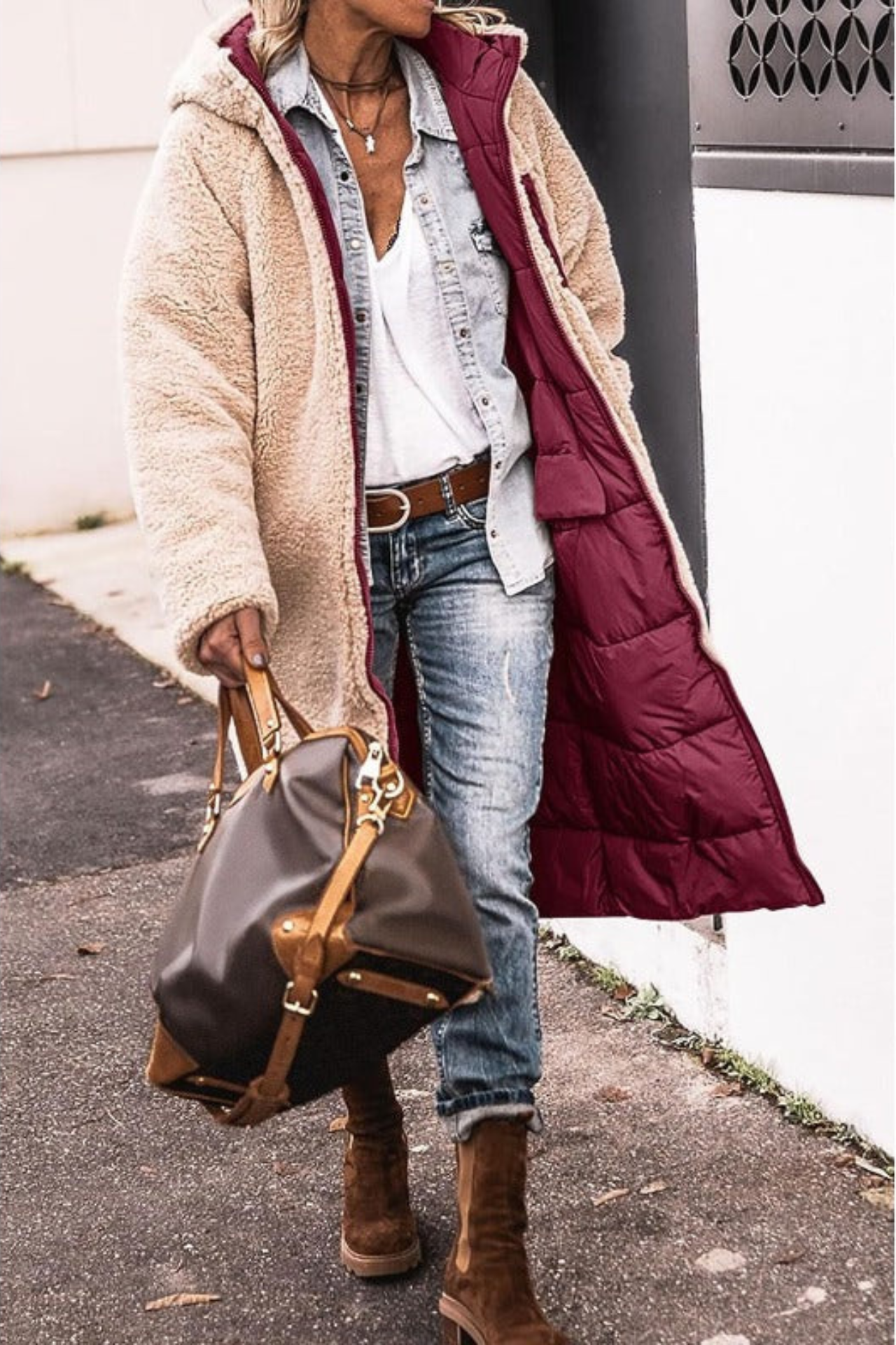 Manteau long à capuche – chaud, élégant et réversible