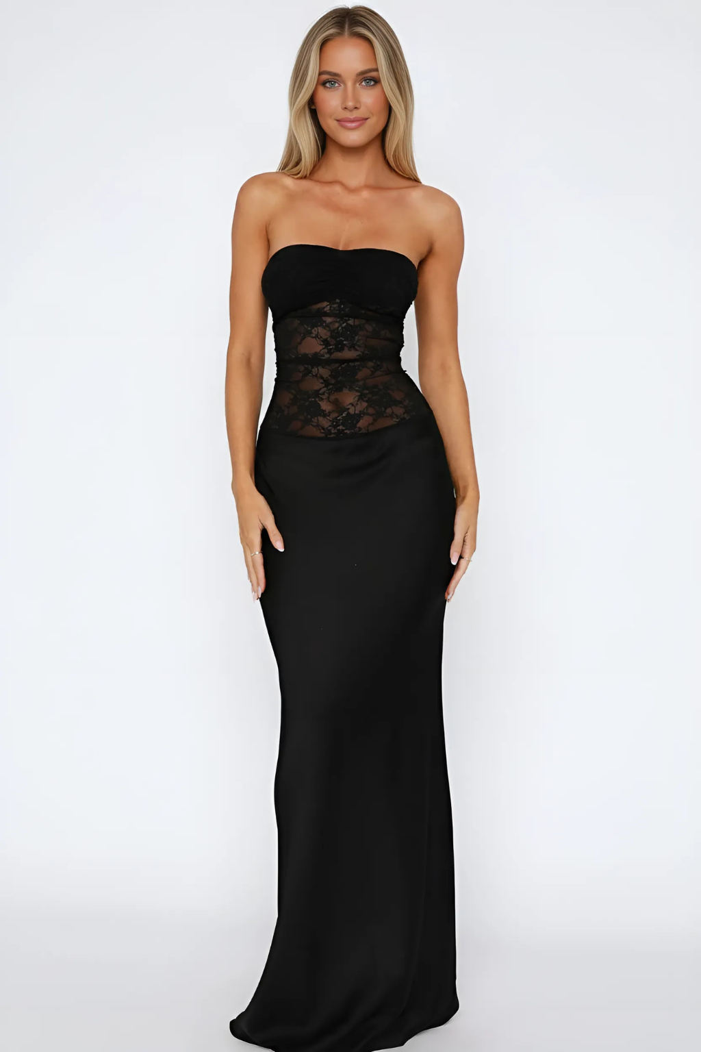 Robe Maxi – Élégance Sans Bretelles avec Dentelle et Coupe Sirène