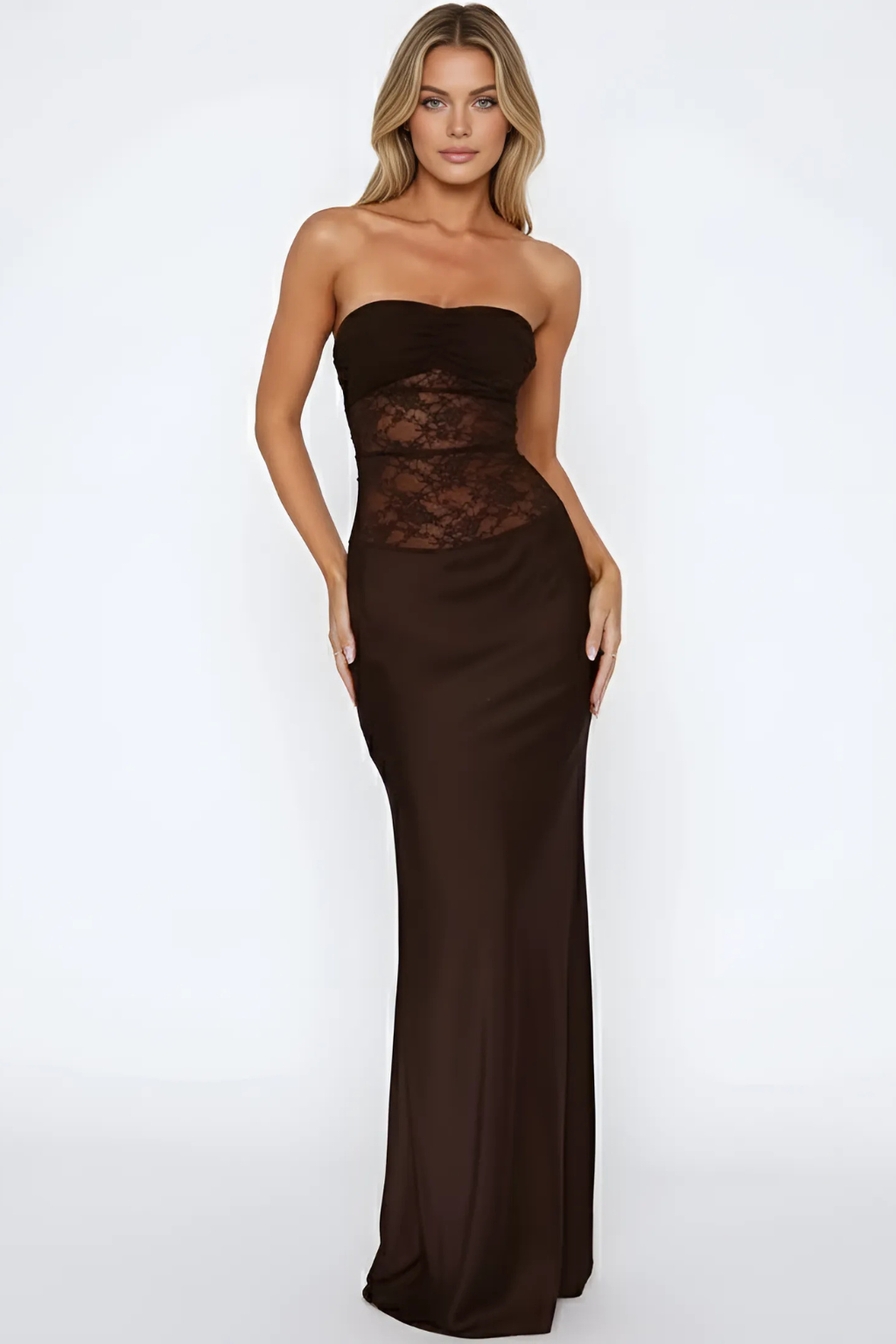 Robe Maxi – Élégance Sans Bretelles avec Dentelle et Coupe Sirène