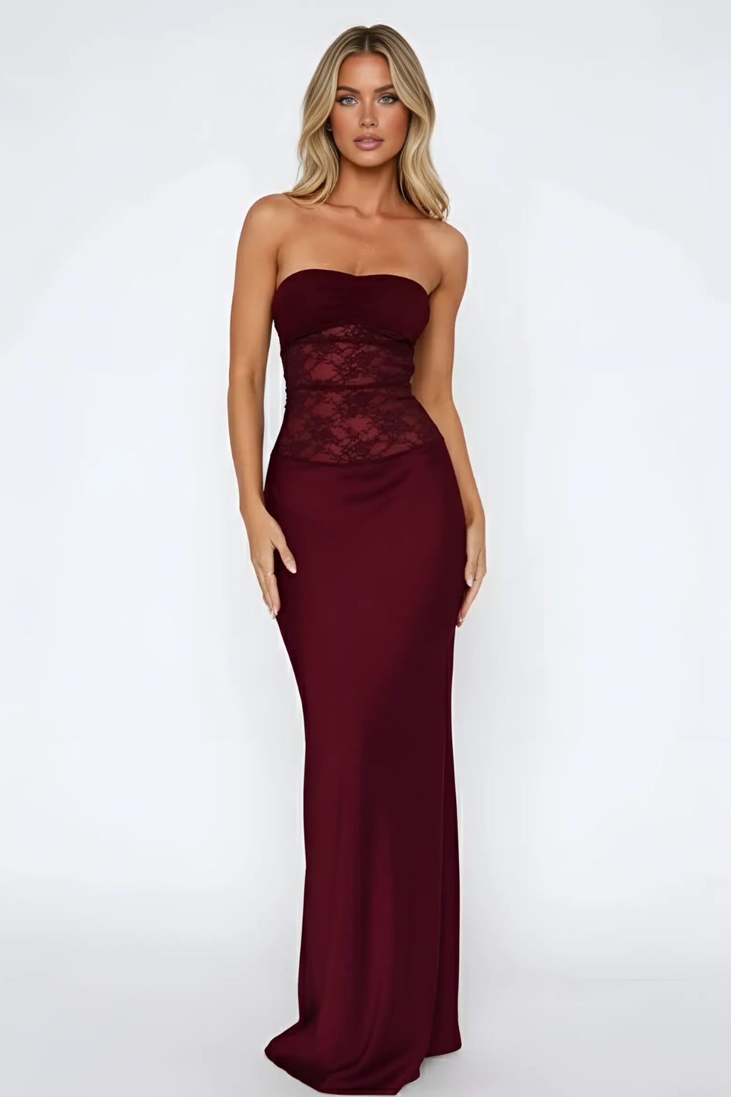 Robe Maxi – Élégance Sans Bretelles avec Dentelle et Coupe Sirène